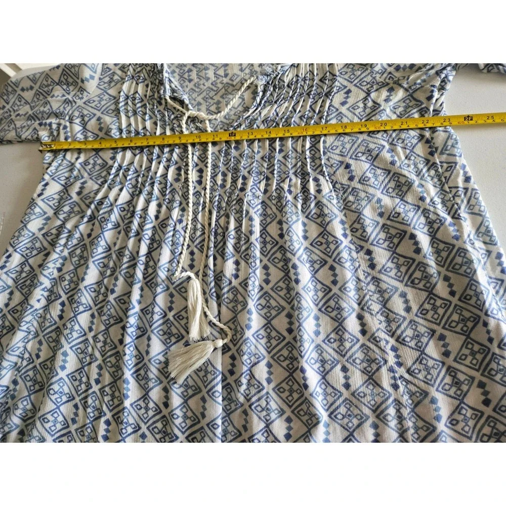 Free People Blue White Pintuck Tassels Boho Mini Dress Large Oversized Lace Cuff